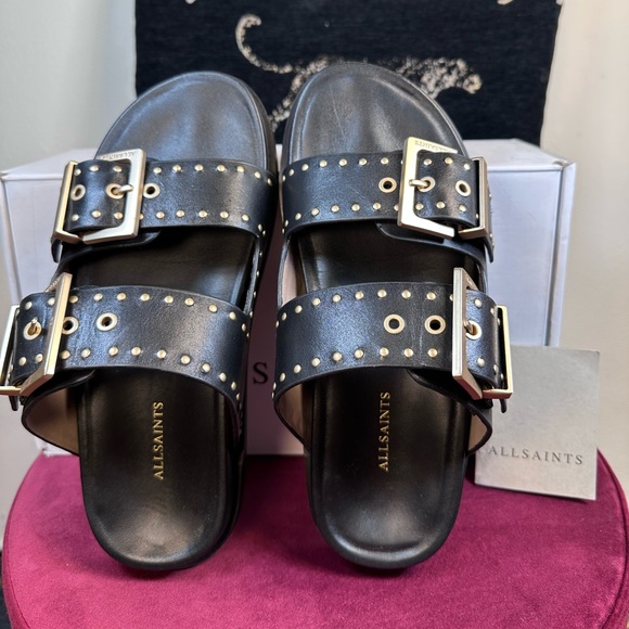 ALLSAINTS Magda Stud Sandal in Black leather slides open toe flat designer,All Products : American Fashion Style Bags On Sale